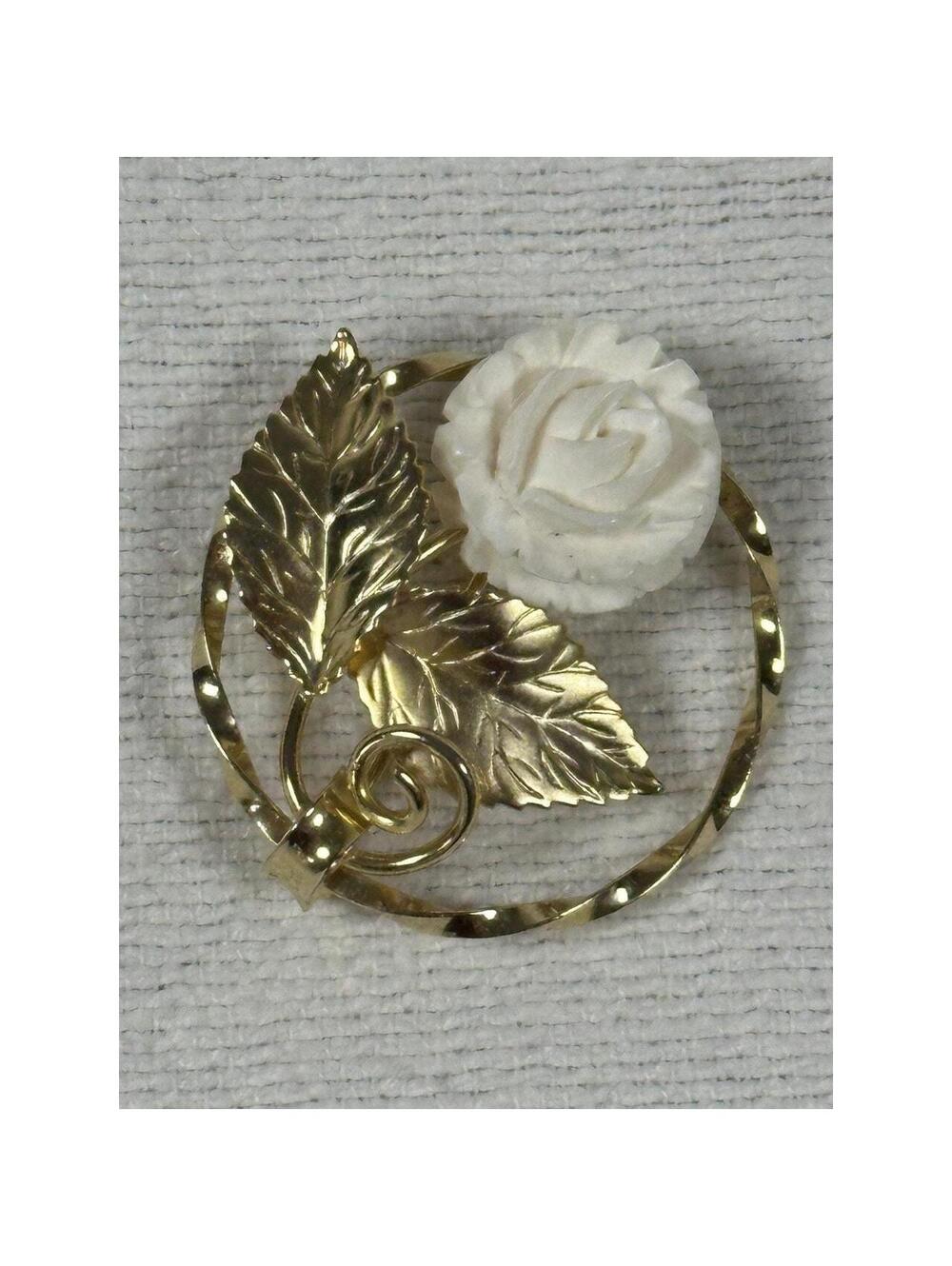 Vintage K.L 12 kt gold filled celluloid white rose flower leaf broich